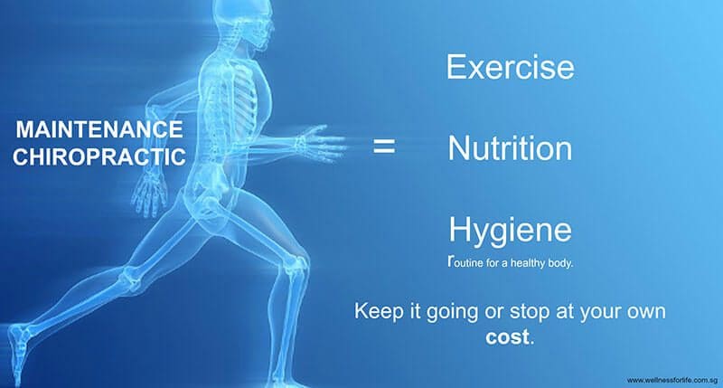 An infographic that reads "Maintenance Chiropractic equals Exercise, Nutrition, Hygiene routine for a healthy body. Keep it going or stop at your own cost.