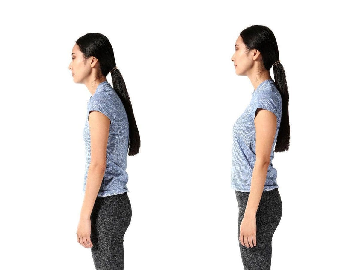 A woman standing straight with good posture, and a woman with bad posture.