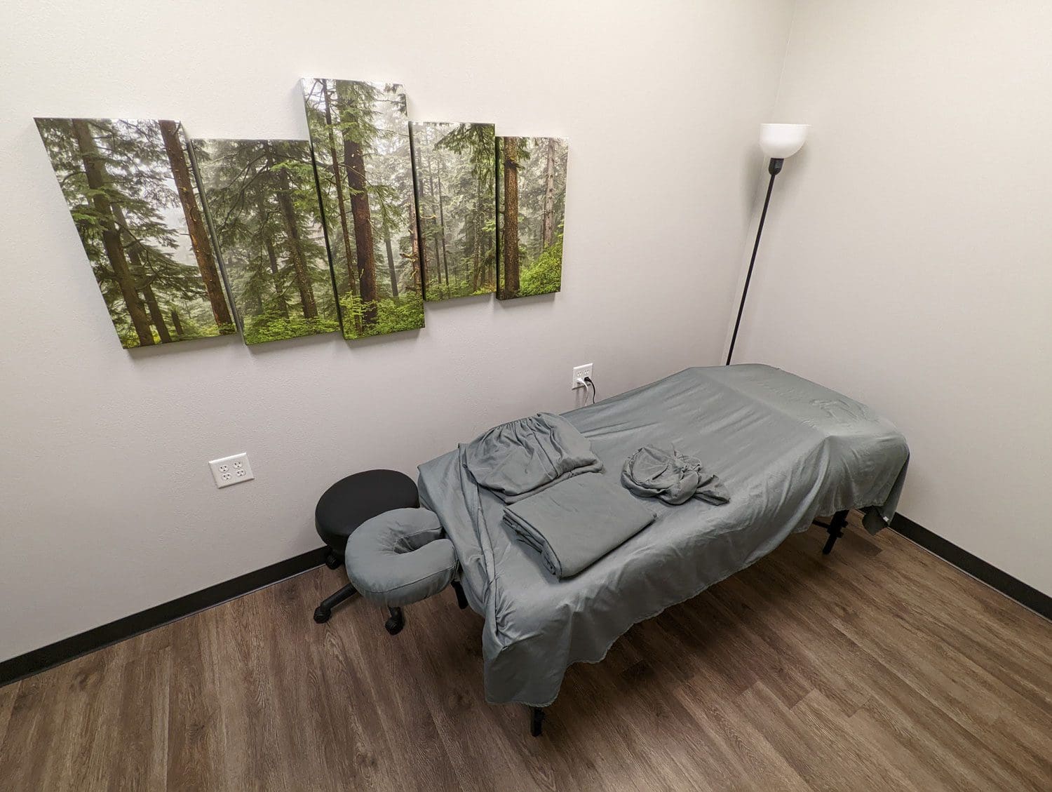 South Salem massage therapy room. The room has wood floors, and contains a massage table and wooded forest artwork.