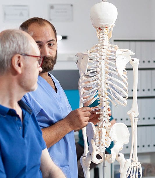 A chiropractor uses a model of the human spine to explain spinal cord compression to a patient.
