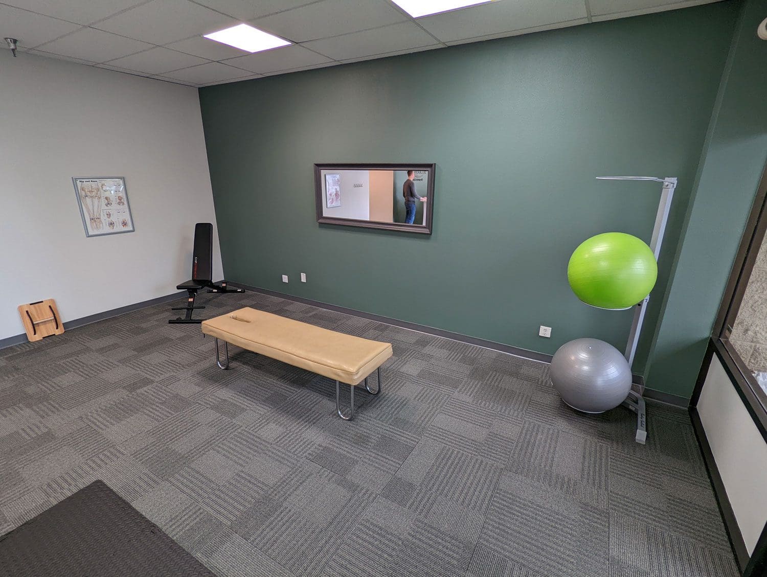 Woodburn Chiropractic rehabilitation treatment room with a large window and lovely green walls.