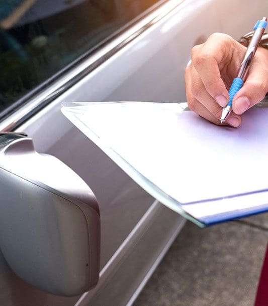 Someone is taking notes with a pen standing by a car after a car accident.
