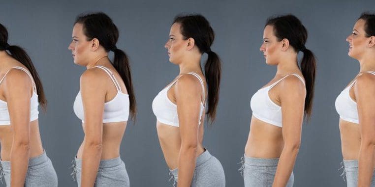 Multiple images of the same woman standing in profile with good and bad posture.