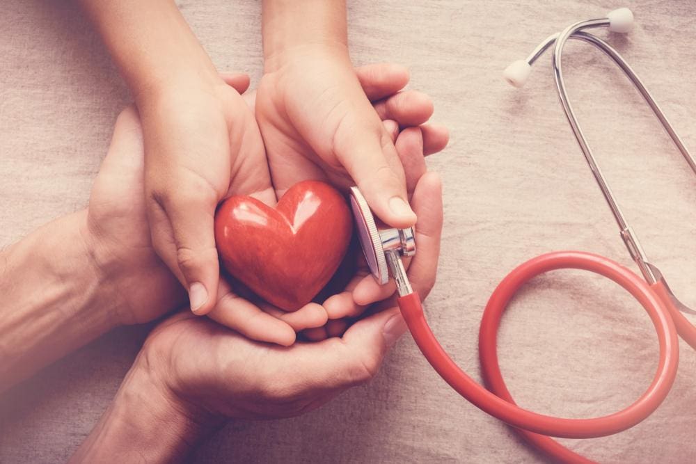 Child holding a stethoscope to a plastic red heart, cupped by adult hands.

