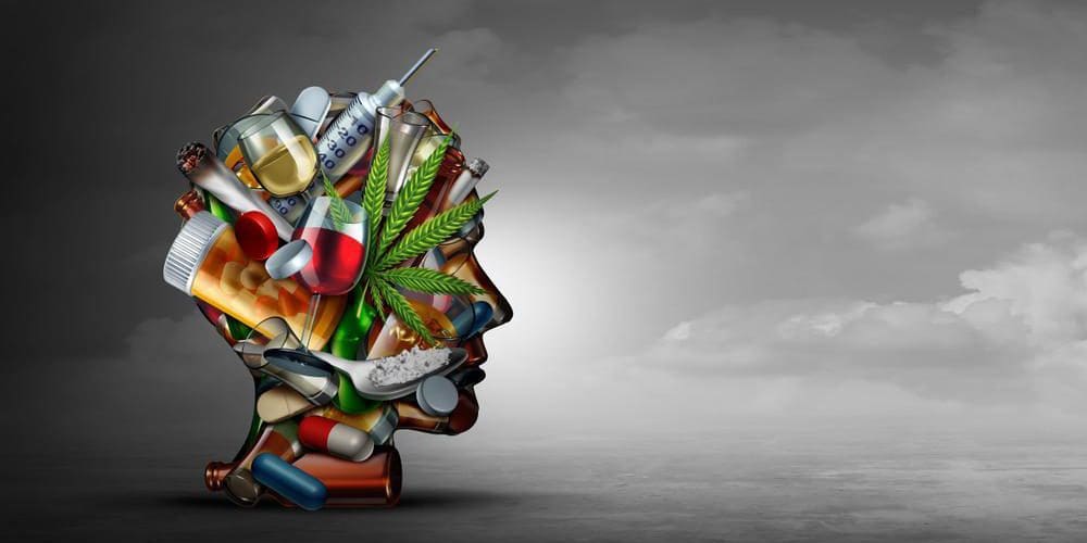 Artistic interpretation of substance abuse featuring a person's neck and hair made from various pills, needles and substances.